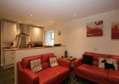 Living room area with two red sofas and the kitchen area in the background